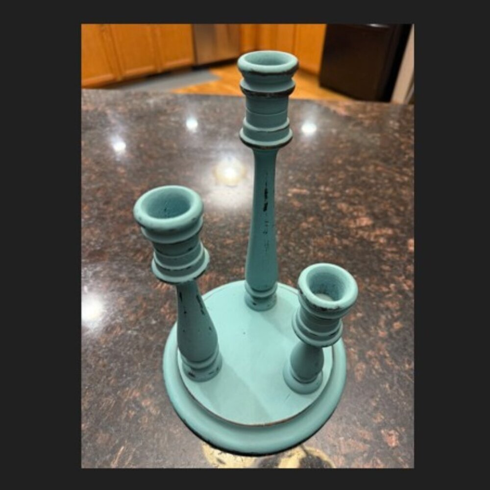 Candle holder - teal blue painted wooden. Handmade